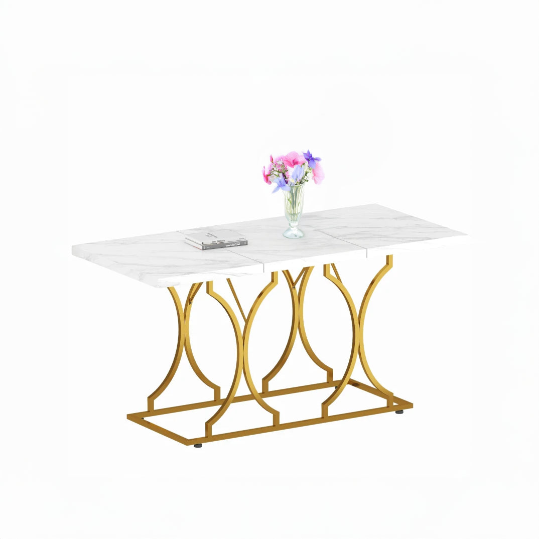 59" Dining Table with Marble Pattern and Metal Pedestal - White