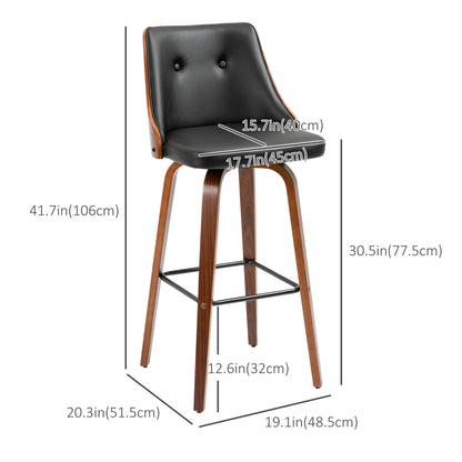 Swivel Bar Stools with Tufted PU Leather and Wood Legs, Black (Set of 2)