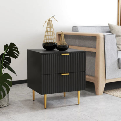 Modern Nightstand with Gold Finger Pulls and Fluted Drawers, Black