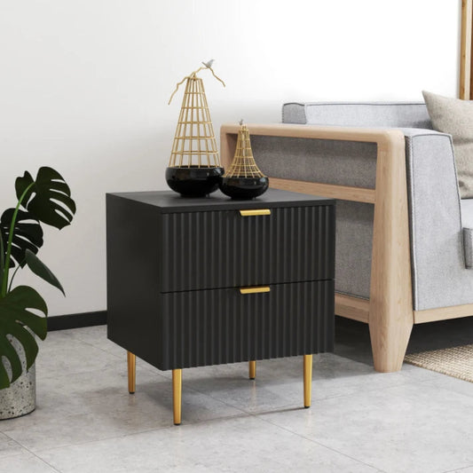Modern Nightstand with Gold Finger Pulls and Fluted Drawers, Black