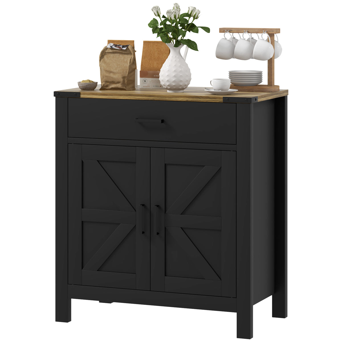 Farmhouse Sideboard Buffet with Drawer and Shelf, Black