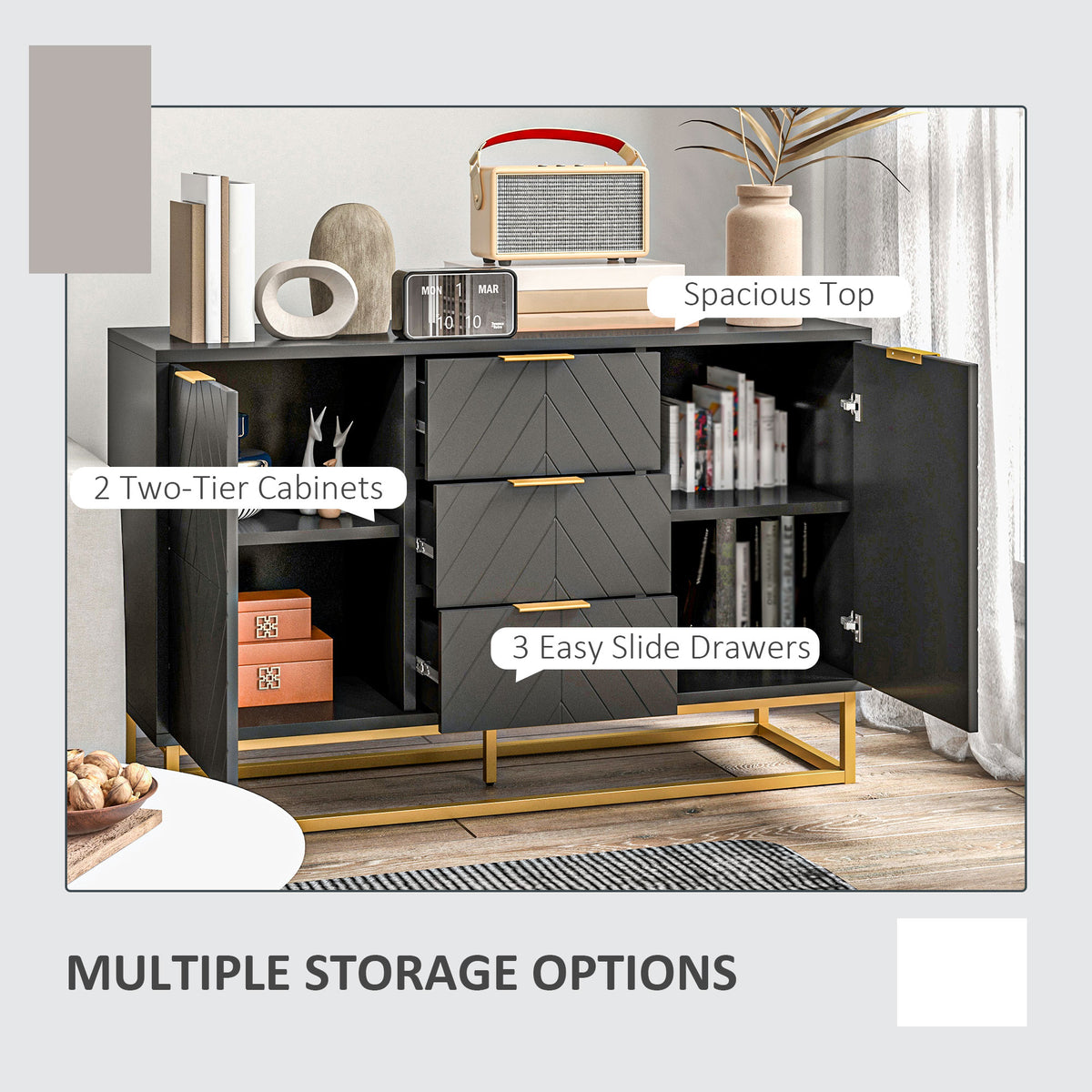 Sideboard Buffet Cabinet with Drawers and Adjustable Shelves, Black