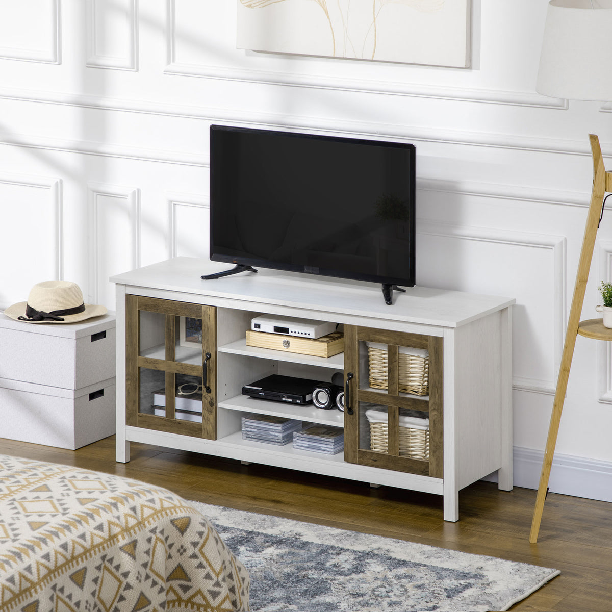 TV Stand with Adjustable Shelves for TVs up to 55 Inch, White and Light Walnut - view 3