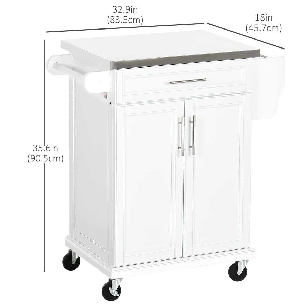 Rolling Kitchen Island Cart with Stainless Steel Top and Spice Rack and Towel Rack, White