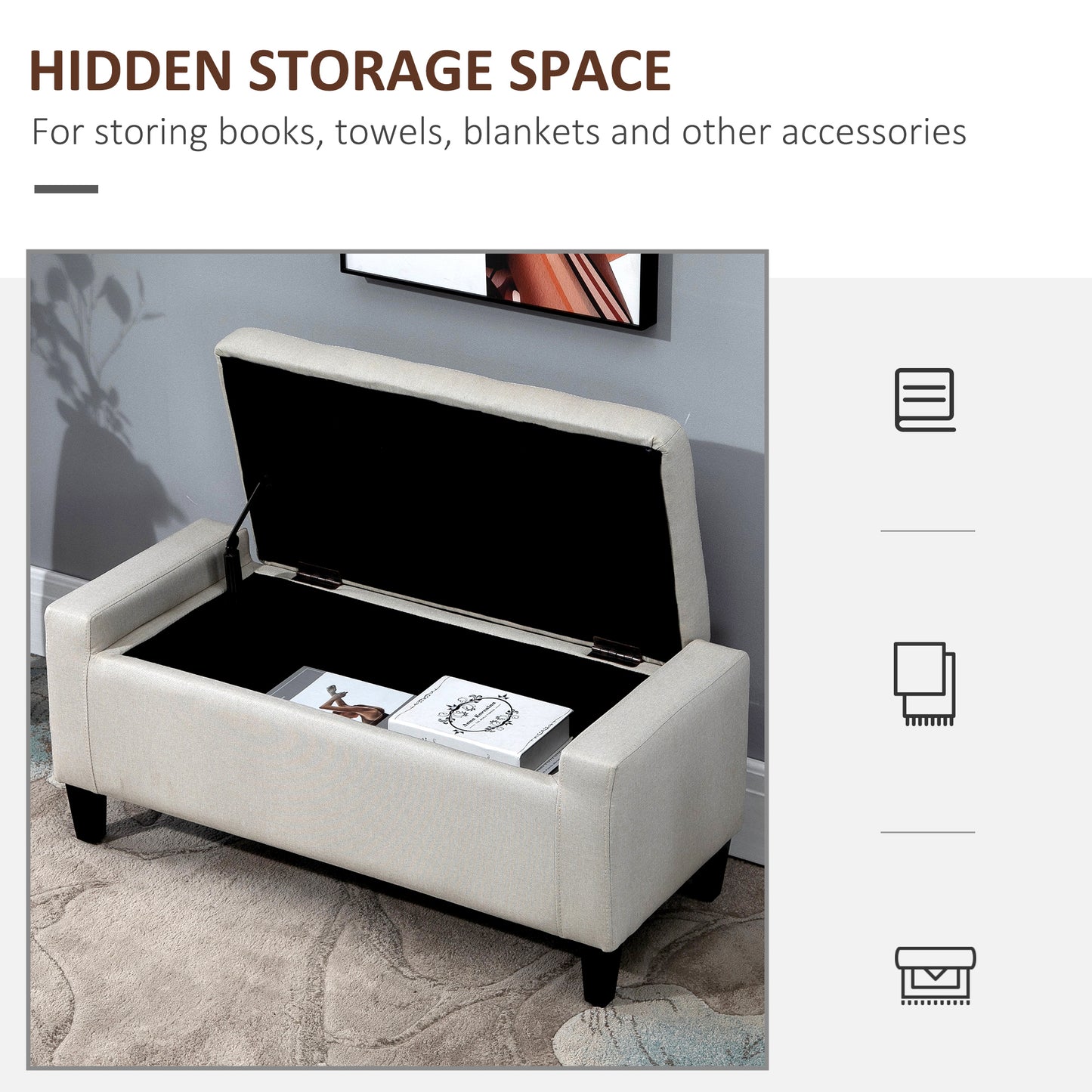 Linen-Touch Storage Ottoman Bench with Tufted Design, Beige