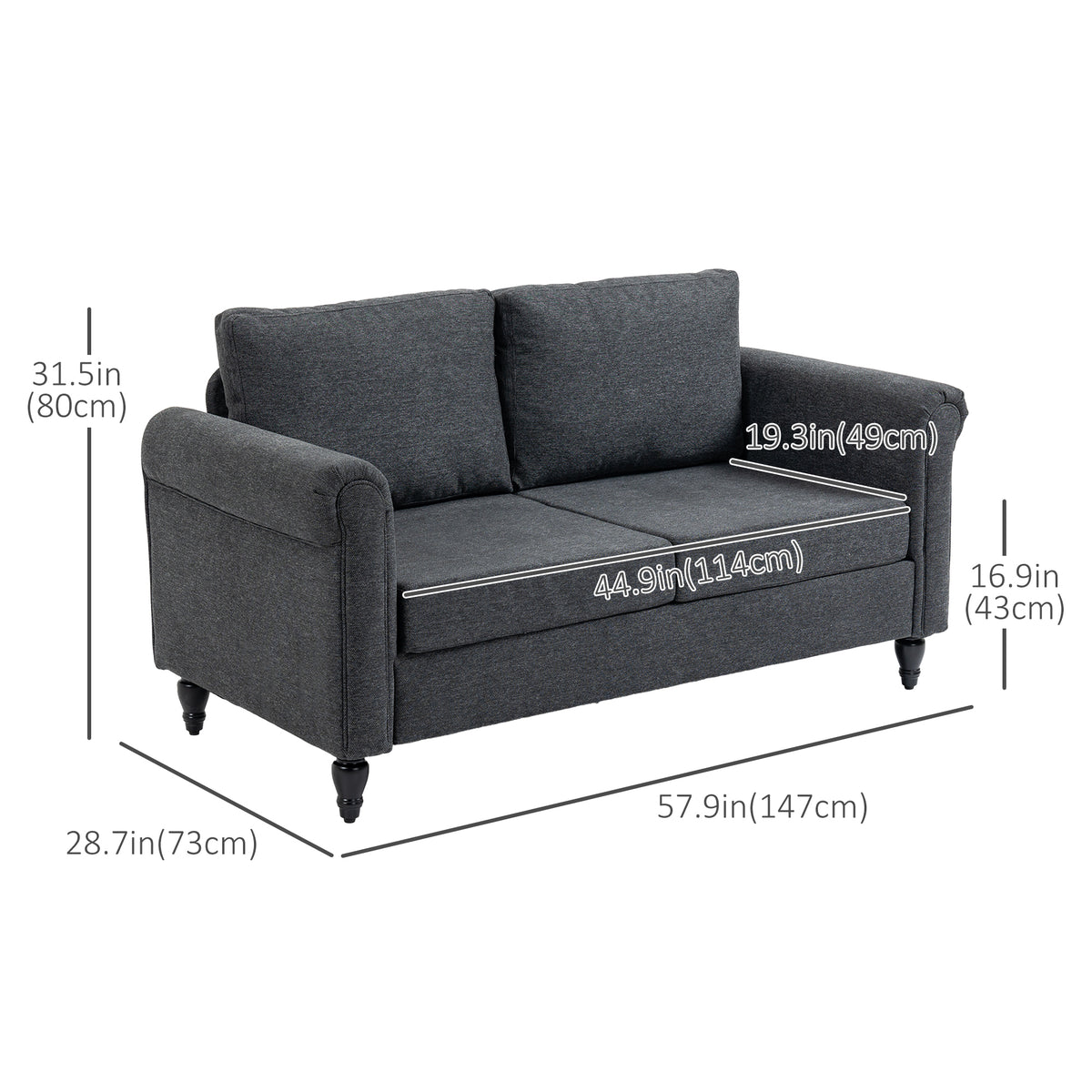 Curved-Arm Loveseat with Cushions, Dark Grey