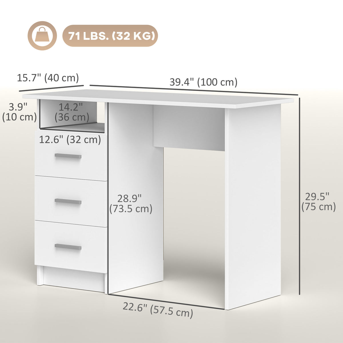 39" Computer Desk with 3 Drawers and Open Shelf, White
