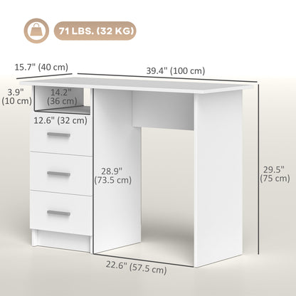 39" Computer Desk with 3 Drawers and Open Shelf, White