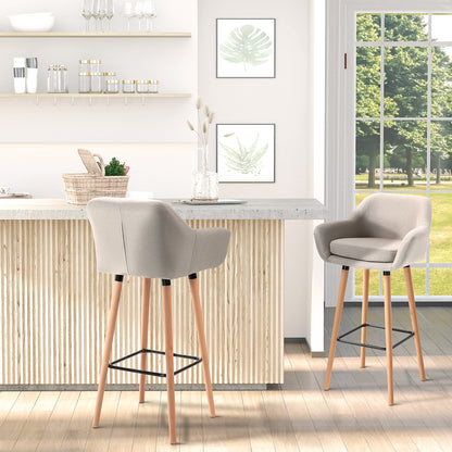 Bar Stools with Linen Fabric and Beech Wood Legs, Beige (Set of 2)