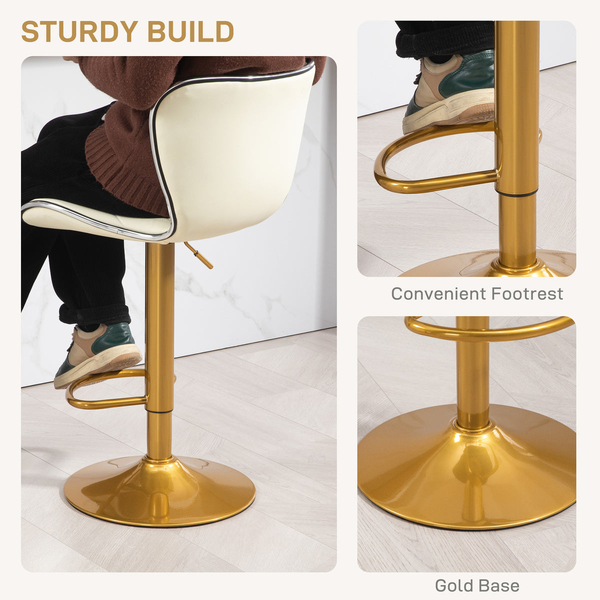 Adjustable Swivel Bar Stools with PU Leather Upholstery, Cream White (Set of 2)
