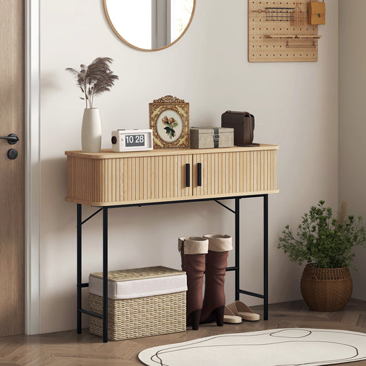 39" Mid-Century Console Table with Sliding Tambour Doors, Oak and Black