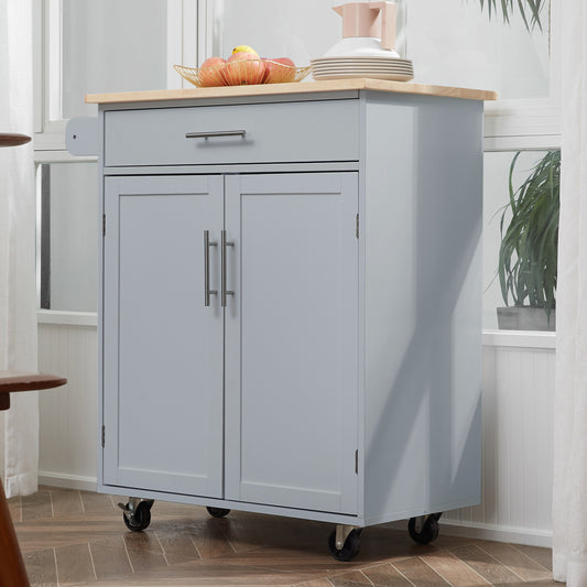 Rolling Kitchen Island Cart with Wood Top, Storage Drawer and Towel Rack, Grey