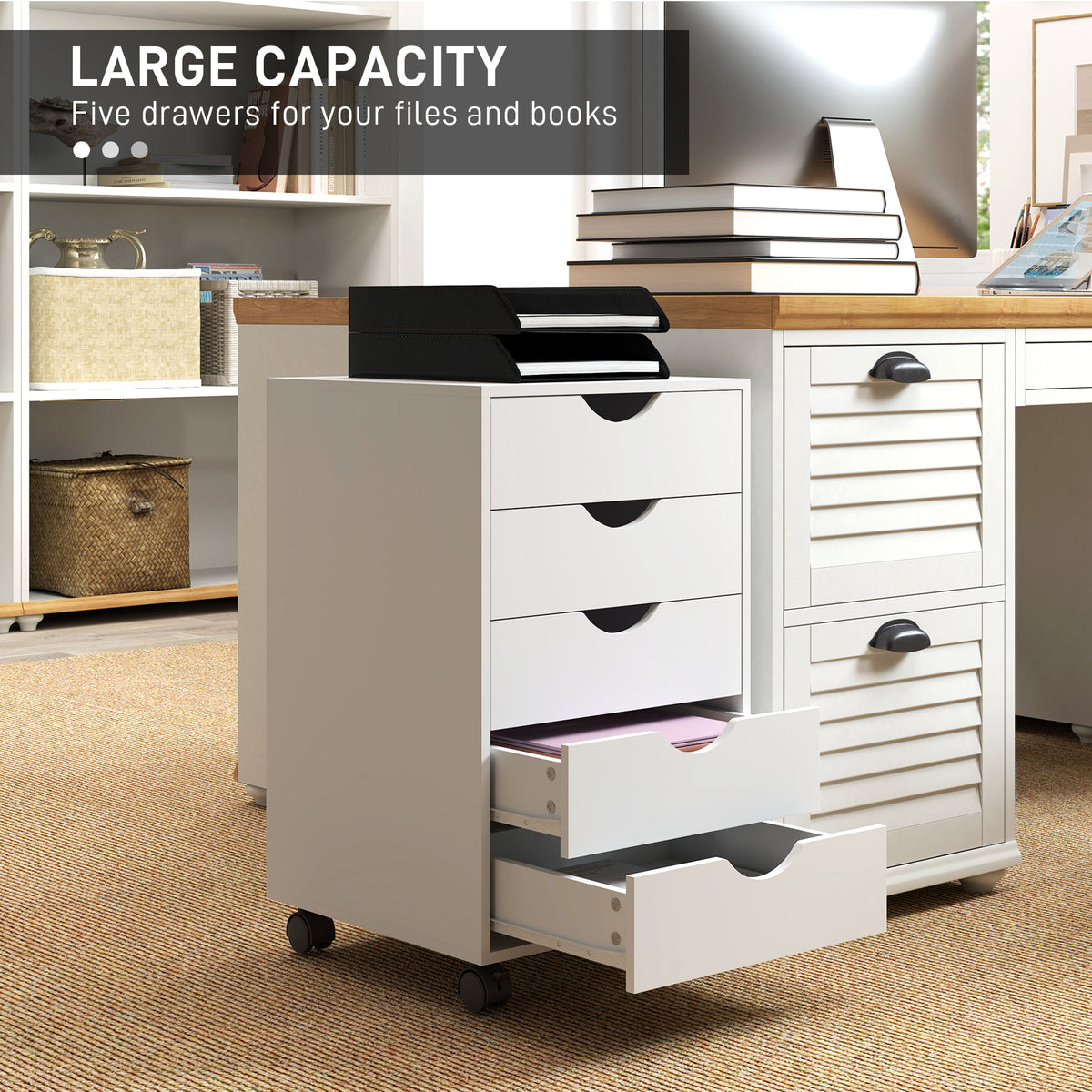 File Cabinet with 5 Drawer Wheels, 15.7" x 15.7" x 26.4", White