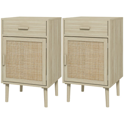 Boho Nightstands with Rattan Cabinet and Adjustable Shelf, Oak (Set of 2)