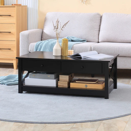 Farmhouse Coffee Table with Drawers and X-Frame, Black