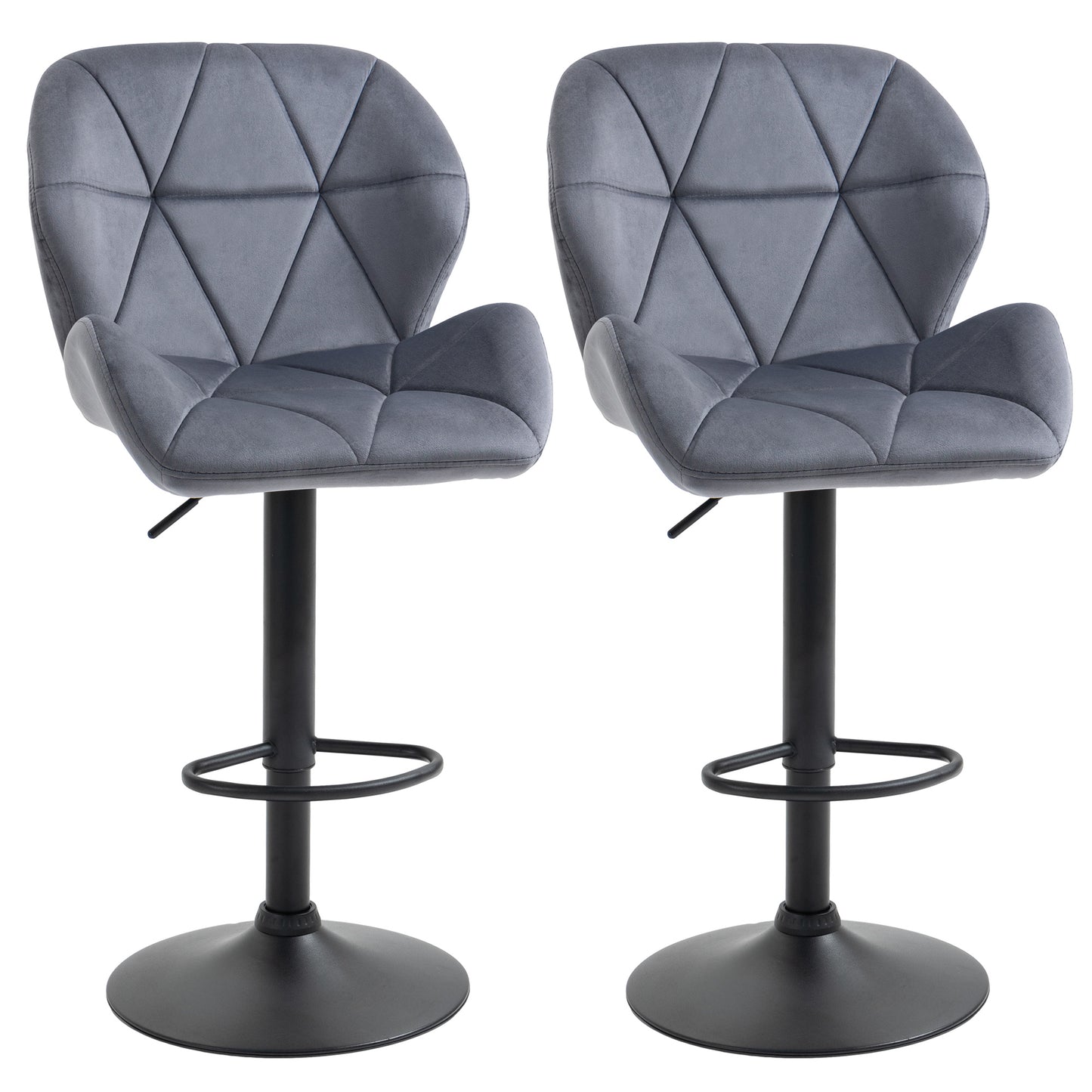 Velvet-Touch Adjustable Height Bar Stools with Diamond Tufting, Gray (Set of 2)
