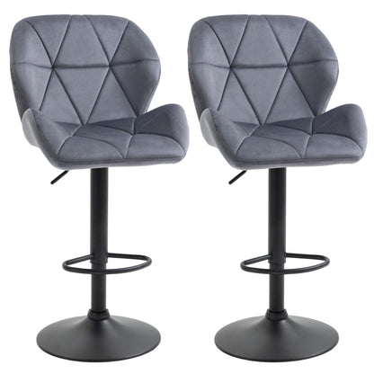 Velvet-Touch Adjustable Height Bar Stools with Diamond Tufting, Gray (Set of 2)