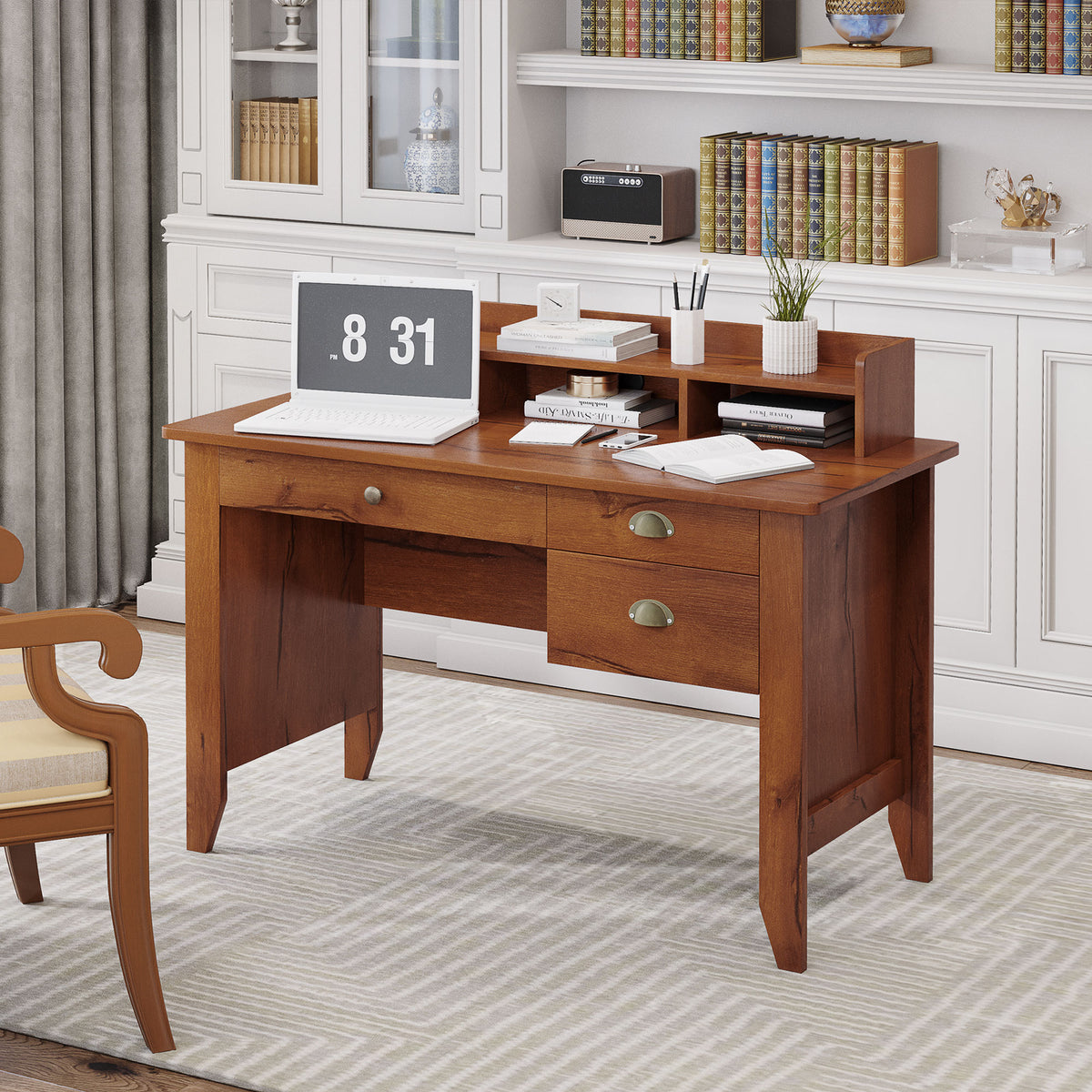 Computer Desk with Hutch, Drawers and Cable Management, Brown