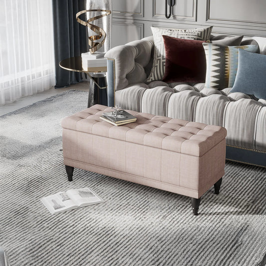 Linen Fabric Storage Bench with Soft Close Lid, Beige