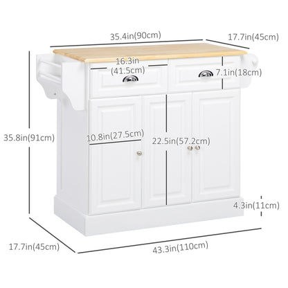Rolling Kitchen Serving Cart with Rubber Wood Top and Towel Rack and Cabinet, White