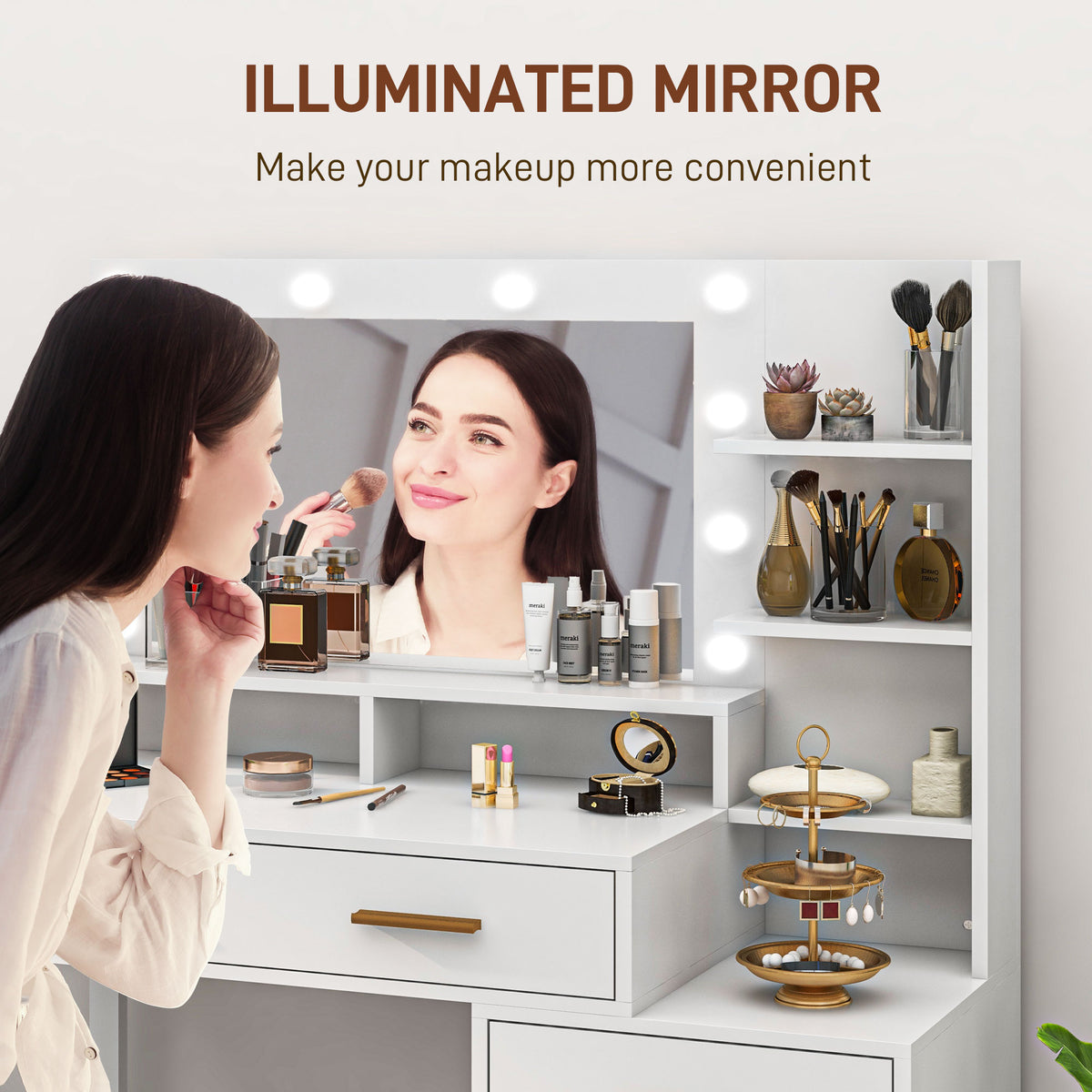 LED Vanity Table with Mirror, Drawer, and Storage Shelves, White
