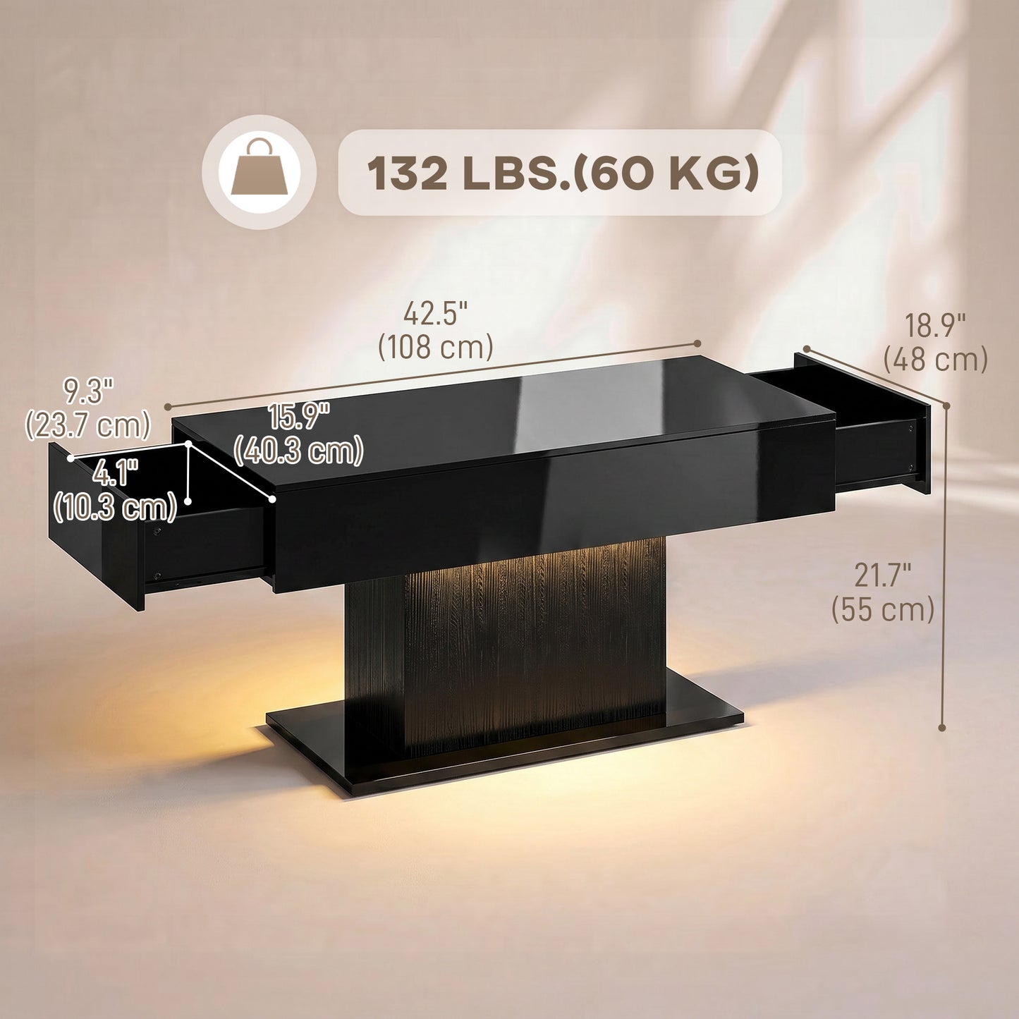 High Gloss LED Coffee Table with Storage, Black