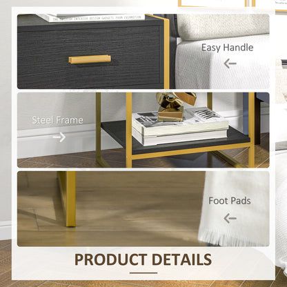 Modern Nightstands with Gold Steel Frame and Drawer, Black (Set of 2)