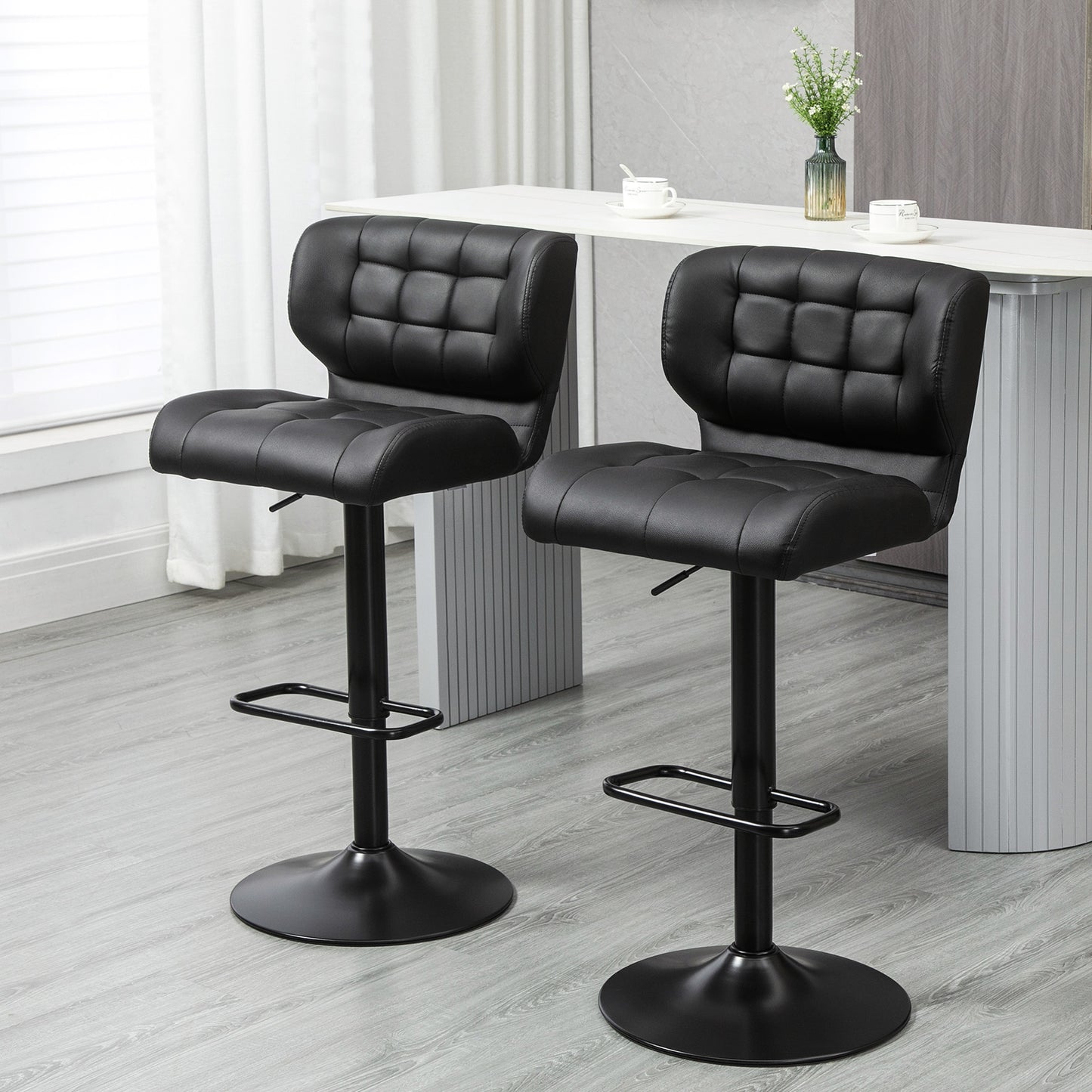 Adjustable Height Swivel Bar Stools with Tufted PU Leather, Black (Set of 2)