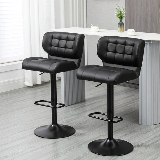 Adjustable Height Swivel Bar Stools with Tufted PU Leather, Black (Set of 2)