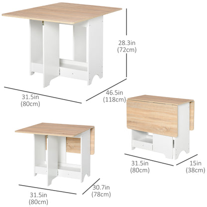 Foldable Drop-Leaf Dining Table with Storage Shelf, Oak and White