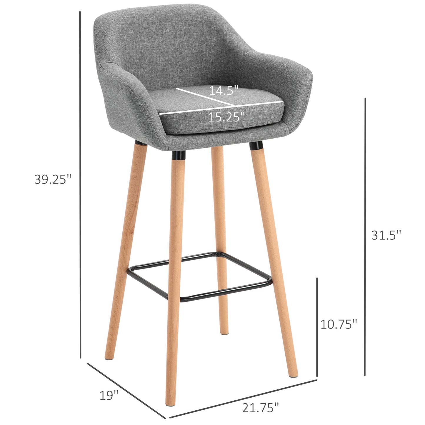 Bar Stools with Linen Fabric and Beech Wood Legs, Gray (Set of 2)