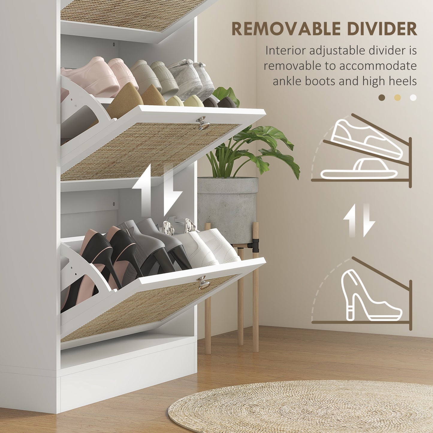 Rattan Front Shoe Cabinet with 3 Flip Drawers for 18 Pairs, White