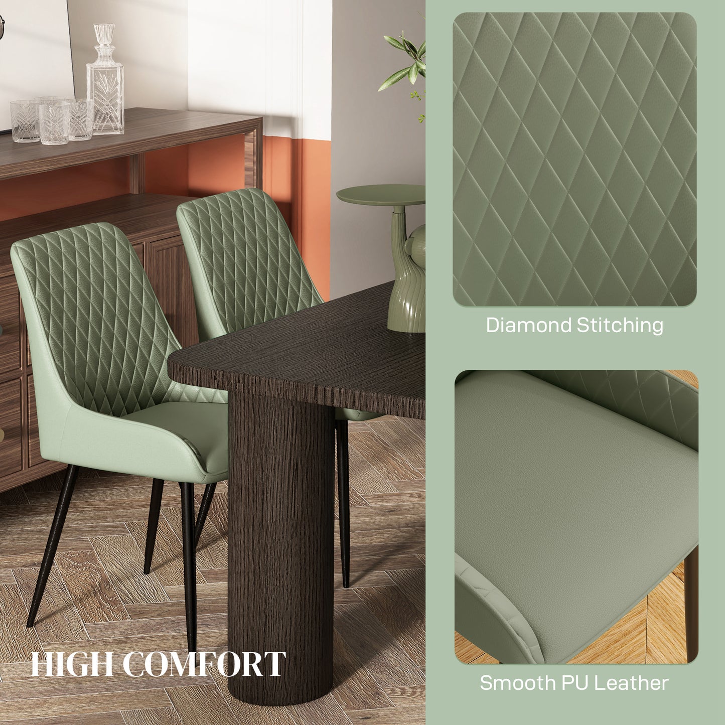 PU Leather Dining Chairs with Diamond Tufting and Metal Legs, Green (Set of 2)