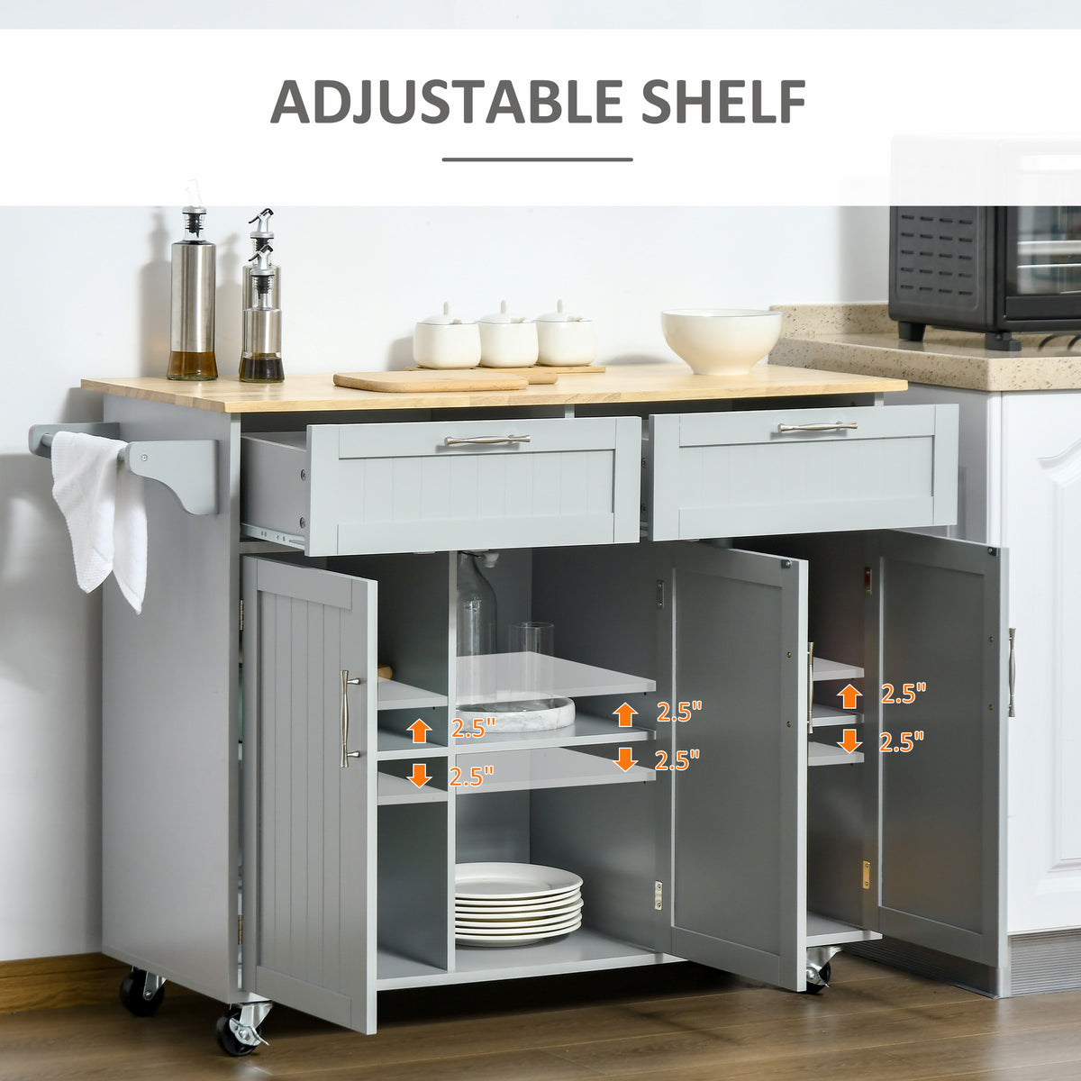 Rolling Kitchen Island Cart with Towel Rack and 3 Cabinets and 2 Drawers, Grey