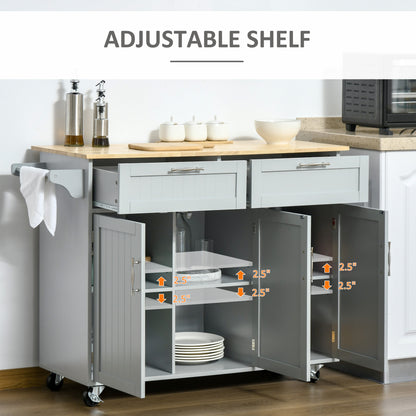 Rolling Kitchen Island Cart with Towel Rack and 3 Cabinets and 2 Drawers, Grey