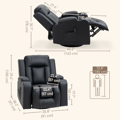 360° Swivel Massage Recliner Chair with Cup Holders, Black