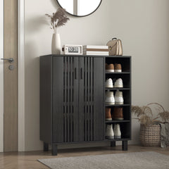 17 Pair Shoe Storage Cabinet with Double Doors and Open Shelves, Black