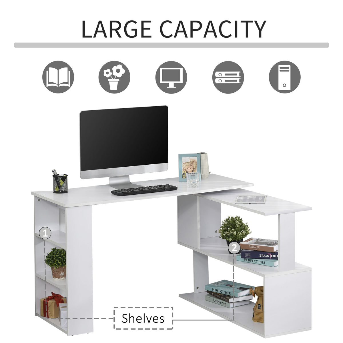 47" Rotating L-Shaped Computer Desk with Storage Shelves, White