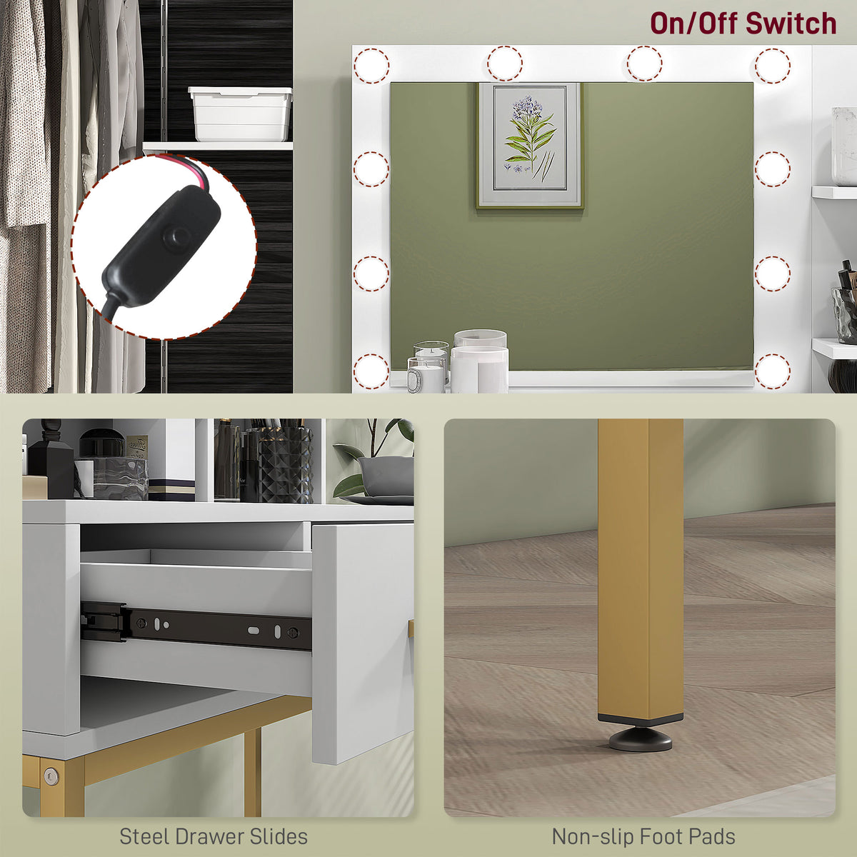 LED Vanity Table with Mirror, Drawers, and Shelves, White