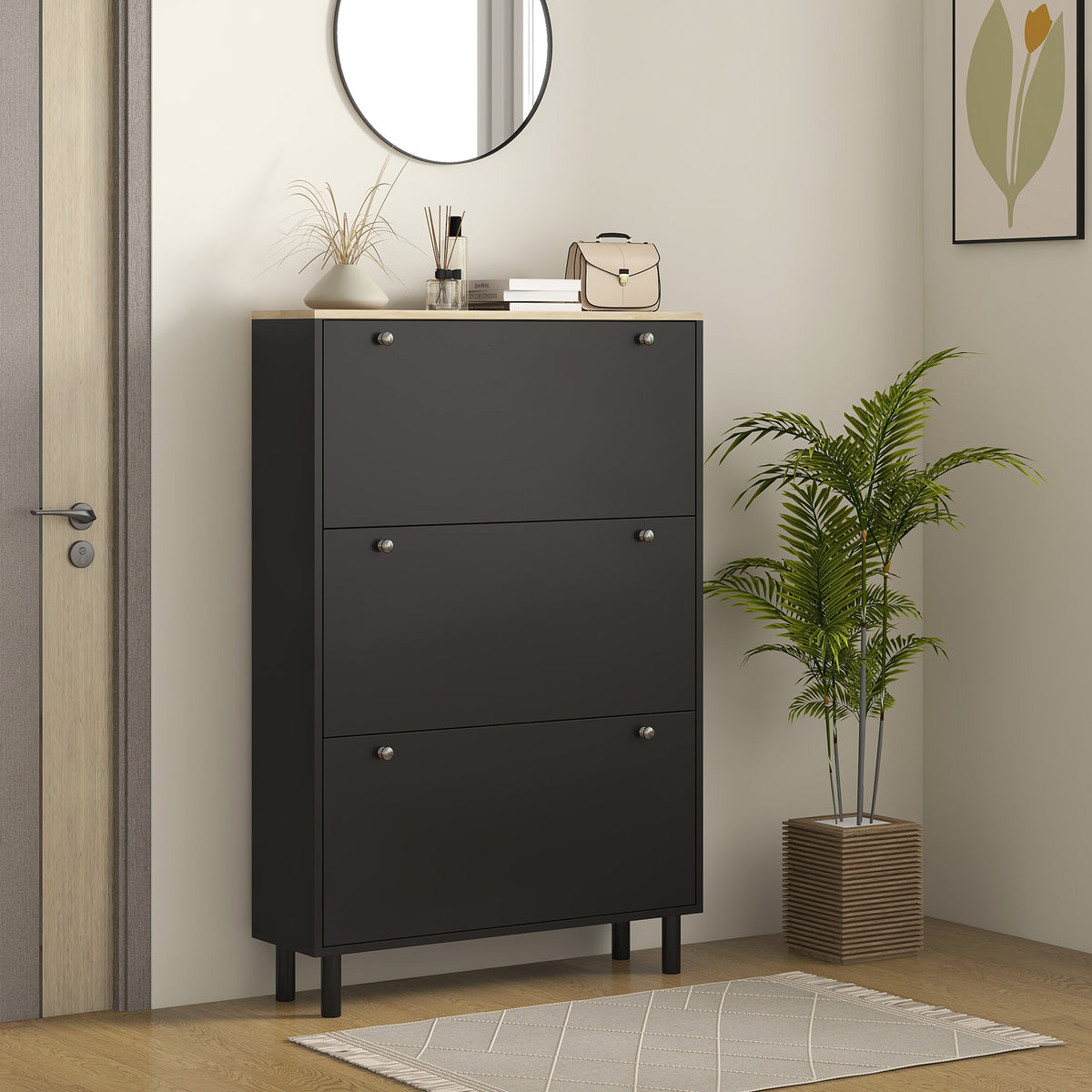 Shoe Storage Cabinet, for 24 Pairs, Black