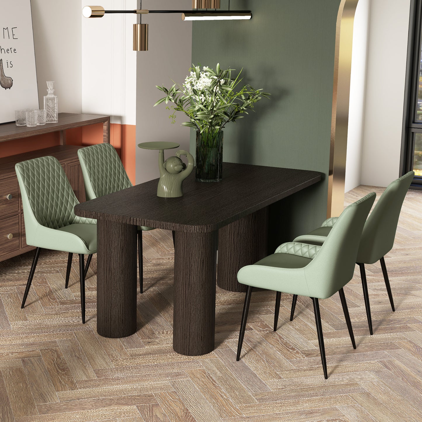 PU Leather Dining Chairs with Diamond Tufting and Metal Legs, Green (Set of 2)