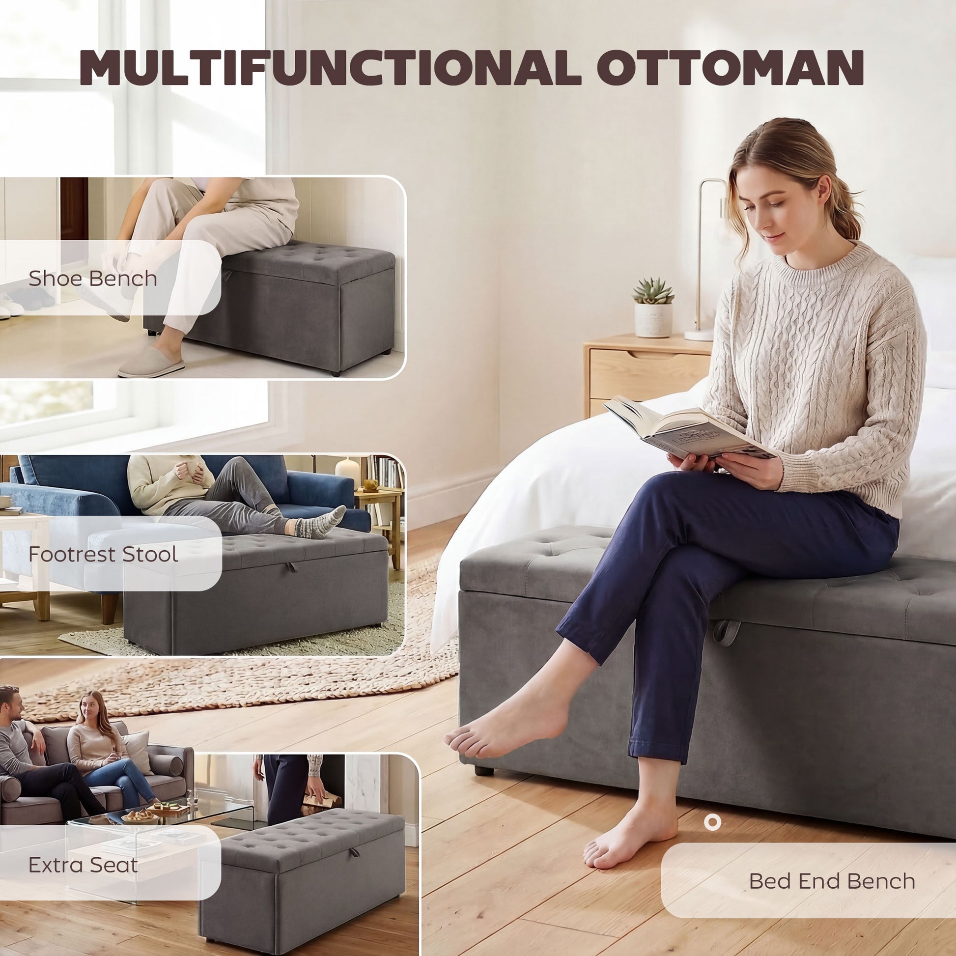 Upholstered Storage Bench with Wood Legs, Grey
