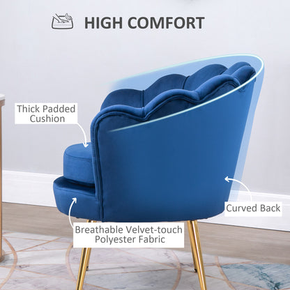 Modern Velvet Accent Chair with Lotus Backrest and Gold Legs, Blue