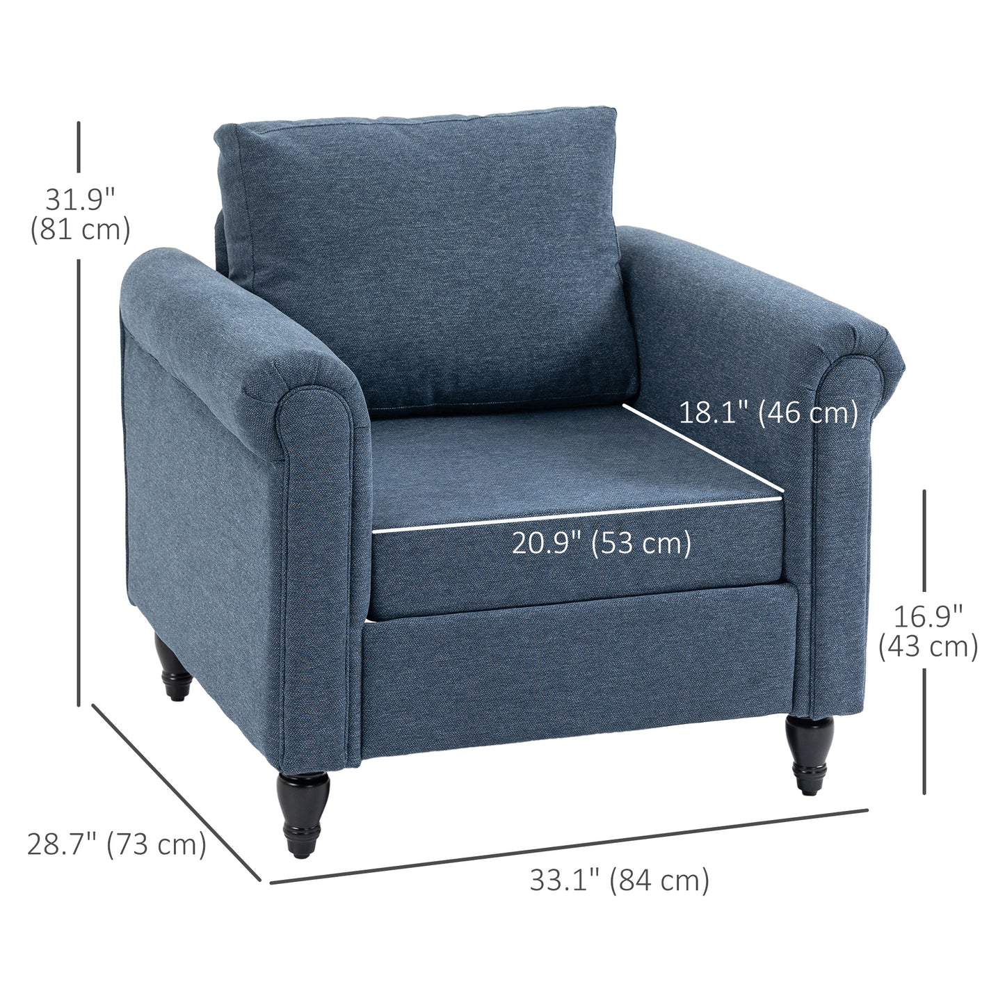 Vintage Armchair, Upholstered Accent Chair with Rolled Arms, Dark Blue