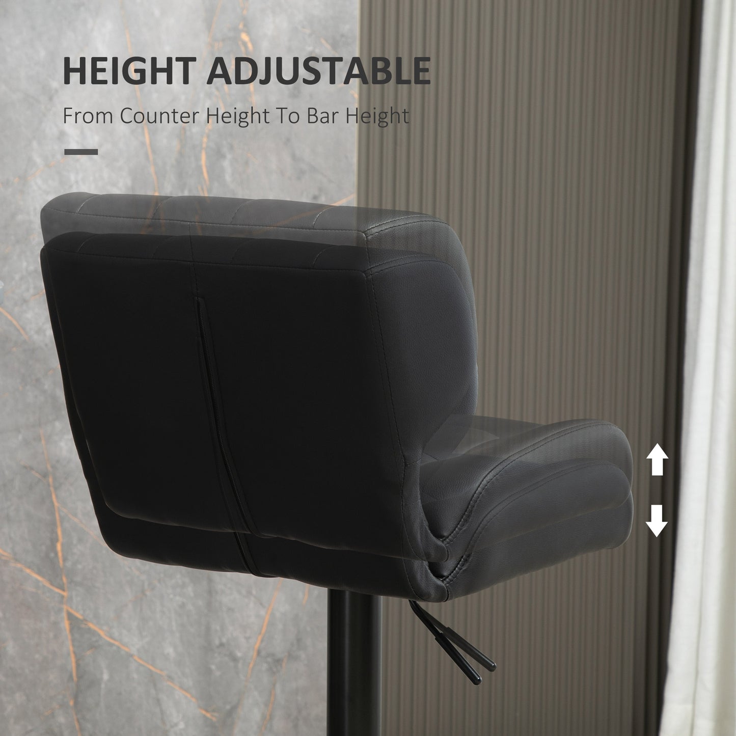 Adjustable Height Swivel Bar Stools with Tufted PU Leather, Black (Set of 2)