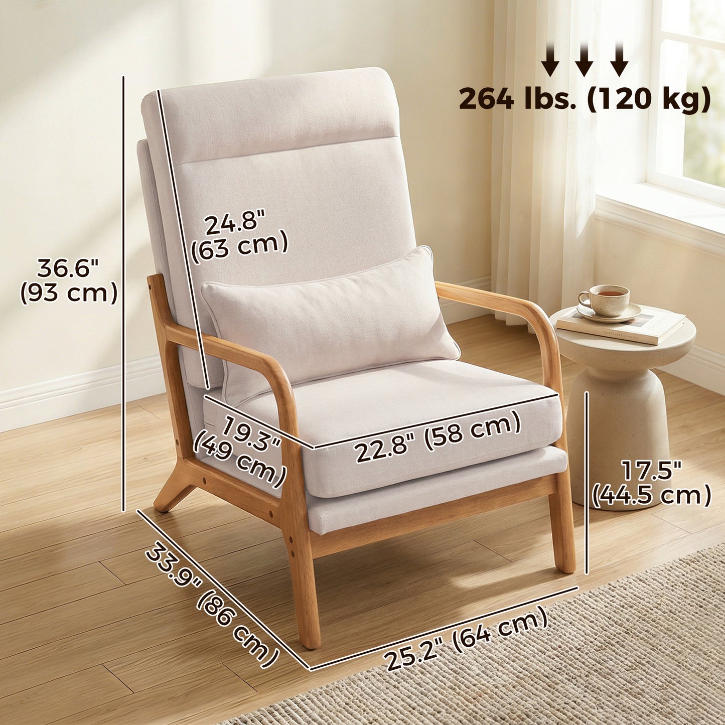 Upholstered Accent Chair with Wood Legs, Cream White