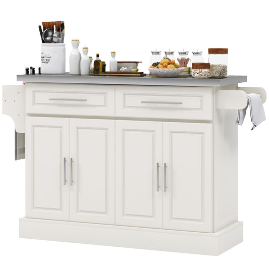 Rolling Kitchen Island with Stainless Steel Top, Cream White