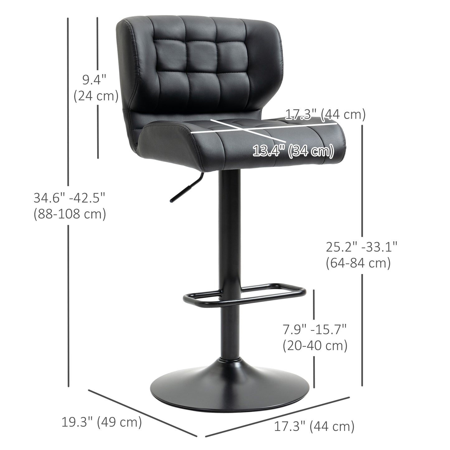 Adjustable Height Swivel Bar Stools with Tufted PU Leather, Black (Set of 2)