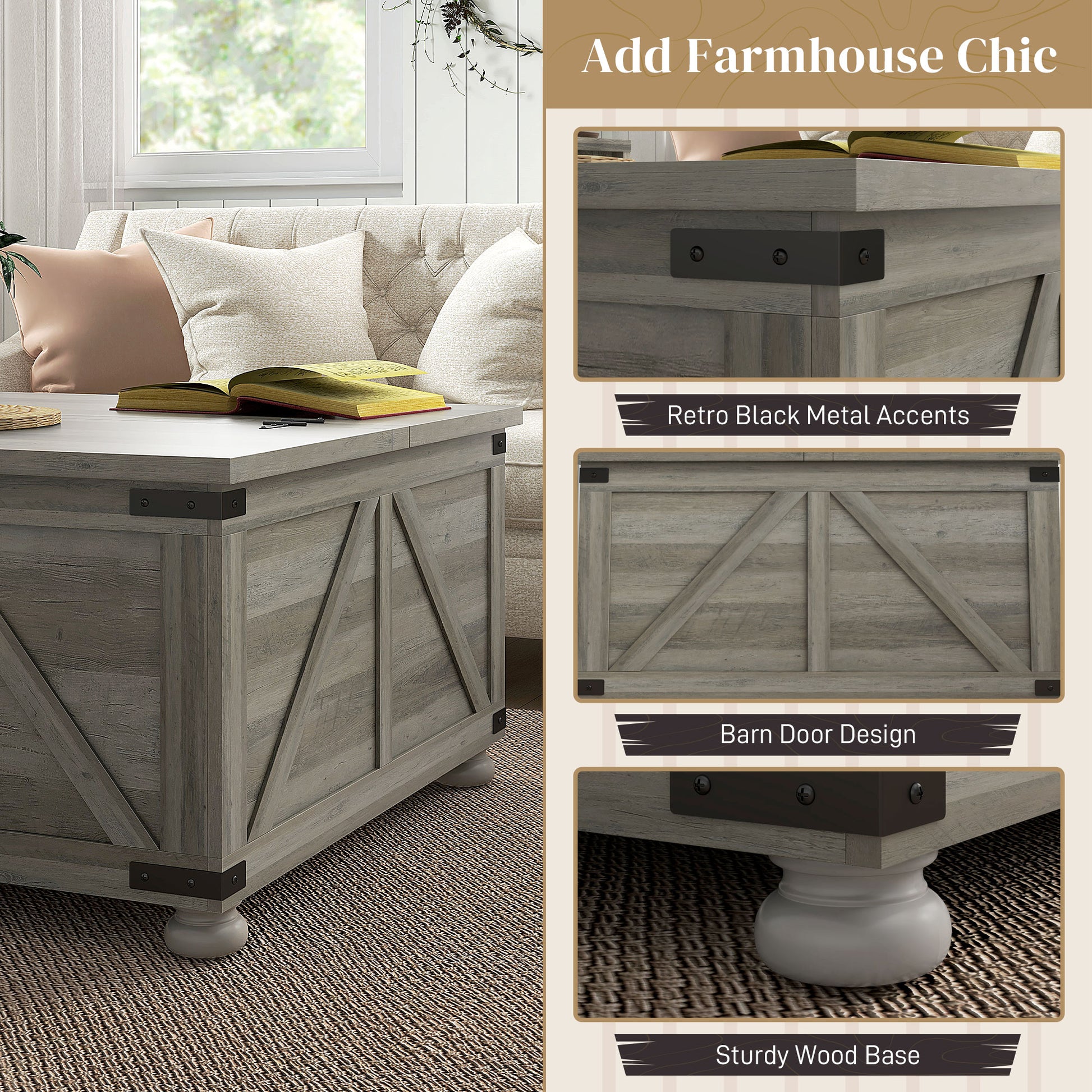 Extendable Lift-Top Coffee Table with Storage, Grey