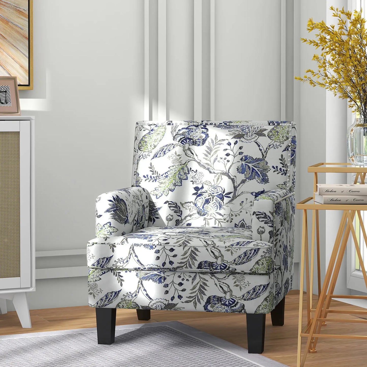 Upholstered Armchair, Mid-Century Accent Chair with Floral Pattern, Multicolor